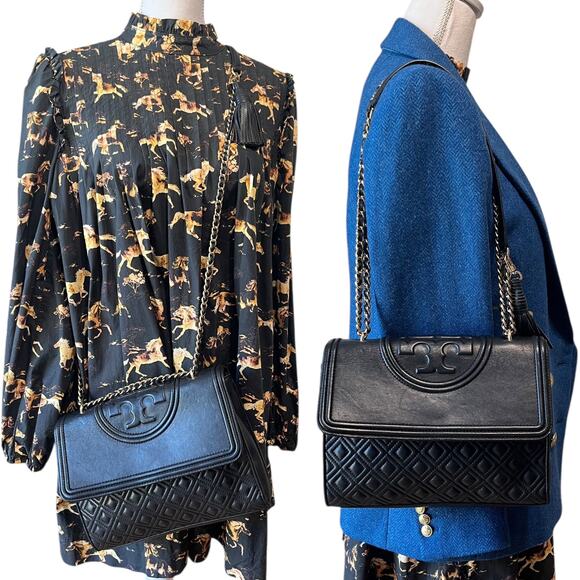 Tory Burch Fleming Leather Convertible Shoulder Bag Crossbody Black Quilted - Picture 4 of 9